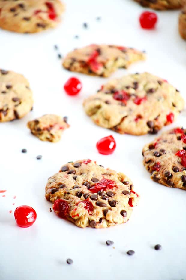  These VEGAN Chocolate Chip CHERRY Cookies are so easy to make and taste like chocolate and cherry sweet-ness! / TwoRaspberries.com