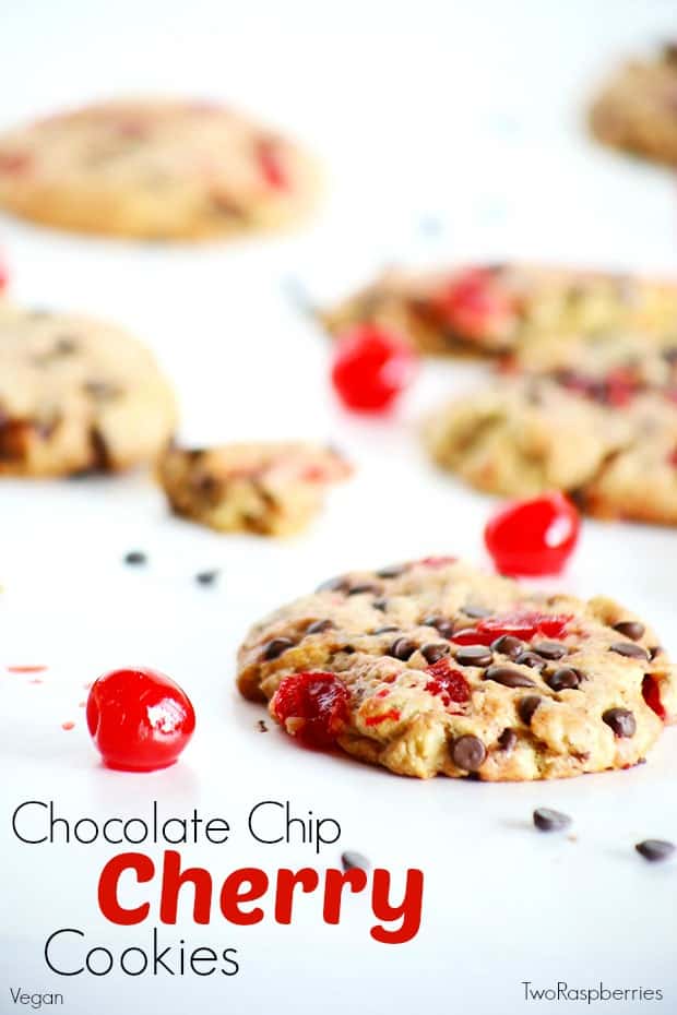 These VEGAN Chocolate Chip CHERRY Cookies are so easy to make and taste like chocolate and cherry sweet-ness! / TwoRaspberries.com