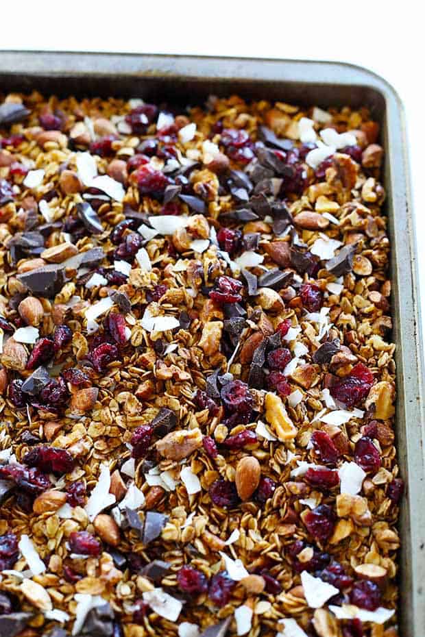 Healthy Dark Chocolate Cherry Cinnamon Granola is the PERFECT snack to toss in your purse for on-the-go or top with milk for a breakfast! quick and easy! Vegan+Gluten Free