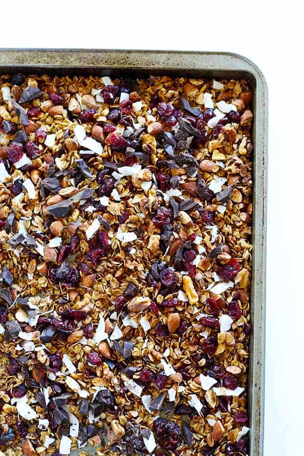 Healthy Dark Chocolate Cherry Cinnamon Granola is the PERFECT snack to toss in your purse for on-the-go or top with milk for a breakfast! quick and easy! Vegan+Gluten Free