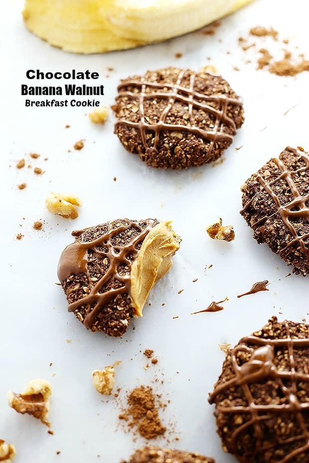 these Chocolate Banana Walnut Breakfast Cookies are soft and chewy, fruit sweetened and totally call for a spread of PB on top I mean it just goes together! Vegan + Gluten Free 