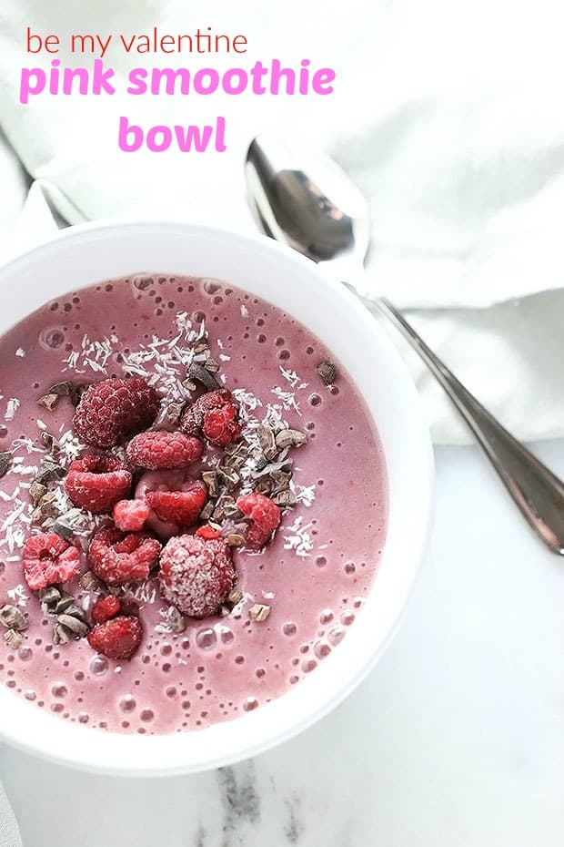 Be my Valentine PINK Smoothie Bowl! Creamy and cold, tastes like a dessert but healthy and perfect for breakfast! Raspberries and cacao nibs are the perfect combo! / TwoRaspberries.com