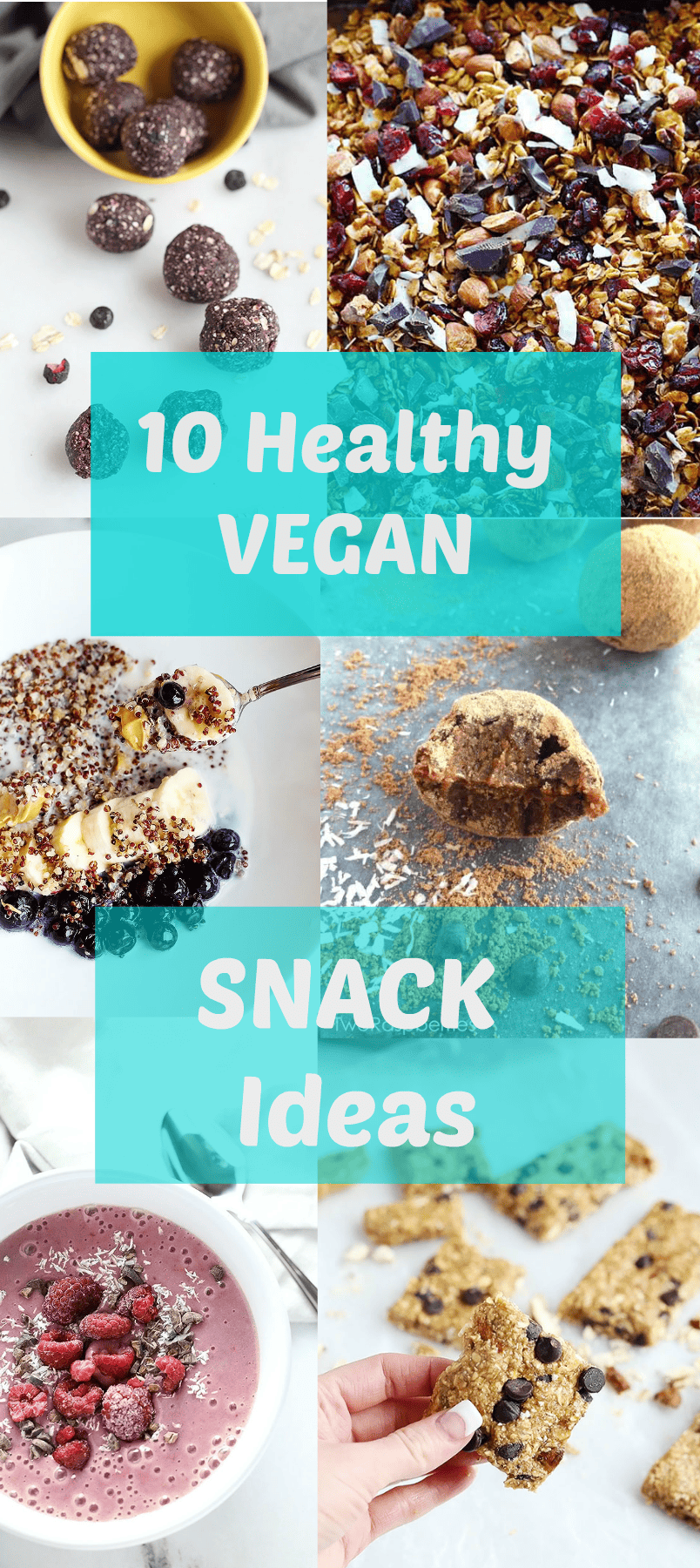 10 Healthy Vegan Snack Ideas , energy balls, energy bars, superfood quinoa bowl, smoothie bowls and many more vegan and gluten free snack ideas! / TwoRaspberries.com