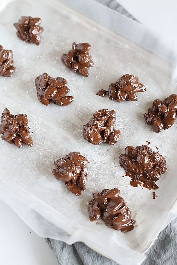 3 Ingredient Salted Chocolate Almond Clusters are super quick and easy to make, and perfect to have on hand for a healthier treat or chocolate craving! Crunchy, sweet and salty! Vegan and Gluten Free. / TwoRaspberries.com