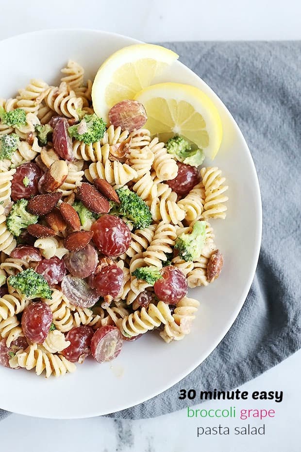 This 30 Minute Easy Broccoli Grape Pasta Salad is so quick and easy to prepare. Only takes 30 minutes and perfect for lunch, dinner, parties, or pic nicks. Vegan and Gluten free Option. / TwoRaspberries.com