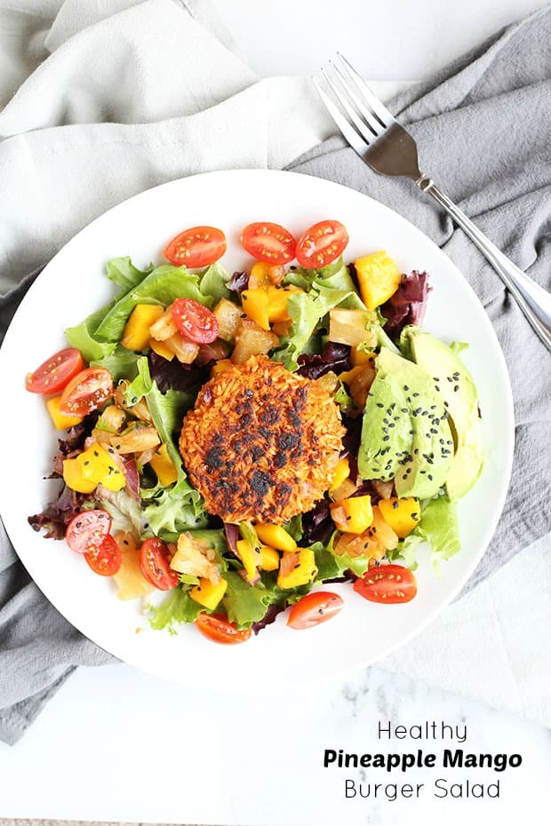 Healthy Pineapple Mango Burger Salad is so fresh, fruity and sweet! Very satisfying and filling! Lots of flavor and full of healthy all natural clean ingredients! Vegan and Gluten Free! / TwoRaspberries.com