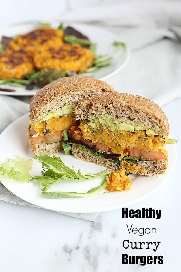 These Healthy Vegan Curry Burgers full of spicy flavor! Made with sweet potatoes, rice, mushrooms and onion along with spices make this a delicious flavorful burger! Vegan and Gluten Free! / TwoRaspberries.com