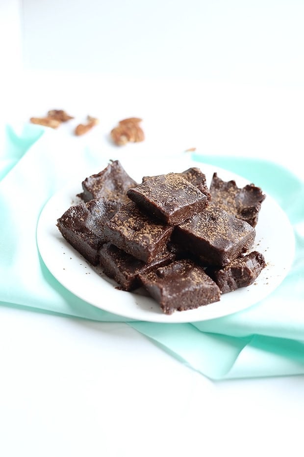 These 3 Ingredient No Bake Vegan Brownies are quick and easy to make! vegan, gluten free and refined sugar free! great snack or dessert! / TwoRaspberries.com