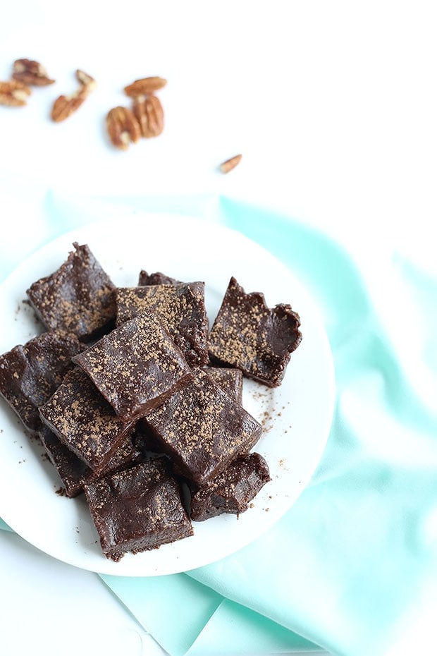 These 3 Ingredient No Bake Vegan Brownies are quick and easy to make! vegan, gluten free and refined sugar free! great snack or dessert! / TwoRaspberries.com
