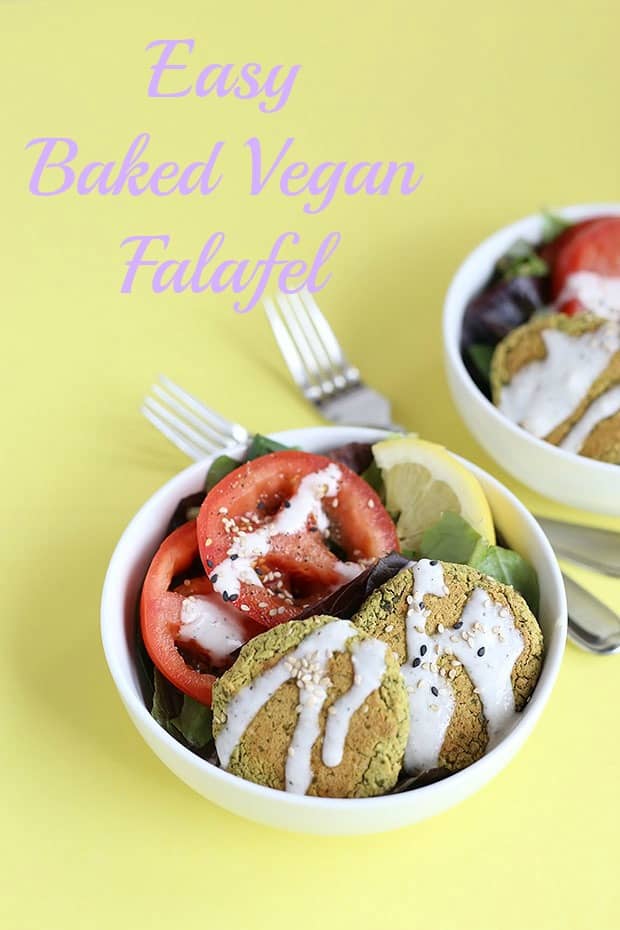 This Easy Baked Vegan Falafel in healthy and oil free! It is quick and easy to make and FULL of parsley and cumin flavor. Vegan and Gluten Free! / TwoRaspberries.com