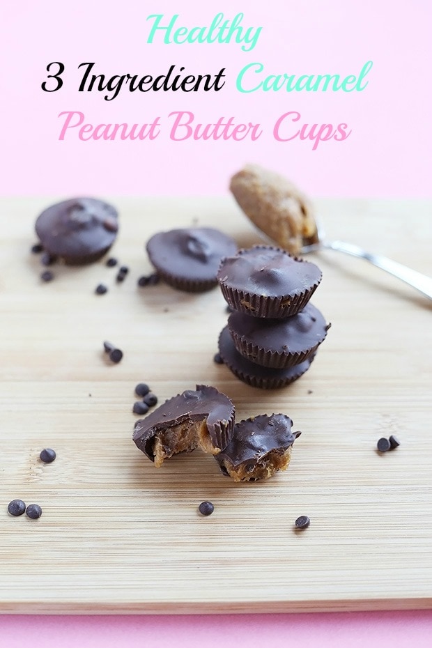 These 3 Ingredient Healthy Caramel Peanut Butter Cups are quick and easy to make. Only 3 ingredients required chocolate, dates and peanut butter! Vegan and gluten free. / TwoRaspberries.com