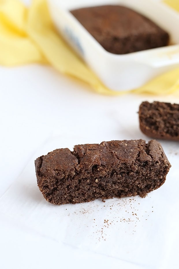 This Healthy Vegan Gluten Free Chocolate Cake Bread is light and moist. Easy to make only 10 ingredients! It is vegan, gluten free, and refined sugar free! / TwoRaspberries.com