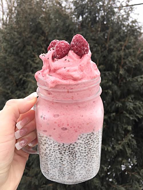 Raspberry Nicecream and Chia Pudding + Inspiration! Bananas and raspberries make the nicecream, and chia seeds with almond milk make a layer of PUDDING!