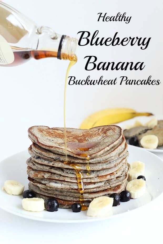 Healthy Blueberry Banana Buckwheat Pancakes are super easy, tastes like blueberry and banana’s, only requires 8 ingredients and they're vegan plus GF! / TwoRaspberries.com