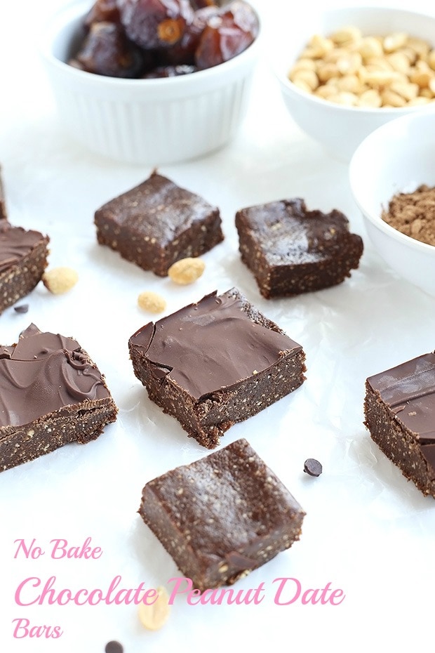  No Bake Chocolate Peanut Date Bars are super easy to make, only 4 ingredients and taste like a snickers. Vegan and gluten free! / TwoRaspberries.com
