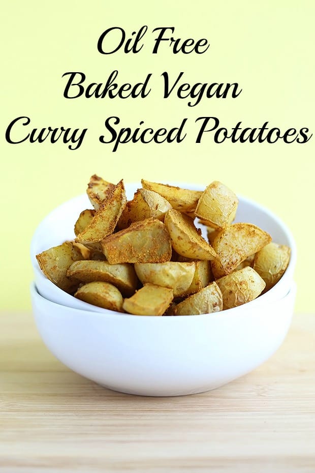 These Oil Free Baked Curry Spiced Potatoes are SUPER SIMPLE to make! Only 6 ingredients, also fat free! Vegan plus Gluten Free. / TwoRaspberries.com