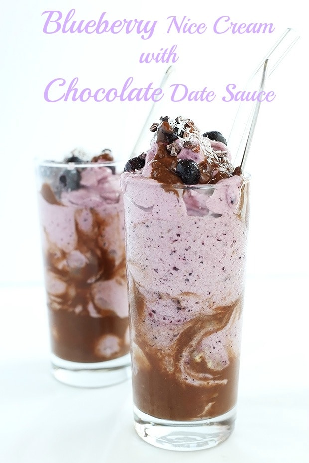 Blueberry Nice Cream with Chocolate Date Sauce is like a vegan sundae! It’s healthy, only 4 ingredients, naturally sweet and best breakfast ever! / TwoRaspberries.com