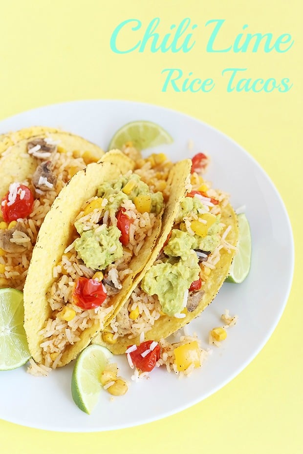  Chili Lime Rice Tacos are fresh with a little spice! Stuffed with Corn, mushrooms, pepper and tomatoes. Easy, vegan , gluten free, low fat, oil free! / TwoRaspberries.com