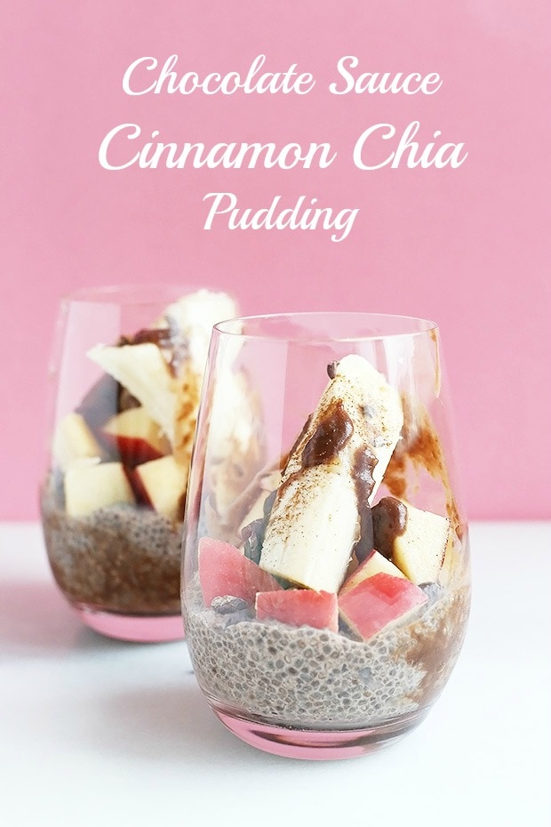 Chocolate Sauce Cinnamon Chia Pudding is one of my favorites! Super food chia seeds paired with healthy chocolate sauce and fruit is a perfect combo. Vegan and gluten free / TwoRaspberries.com