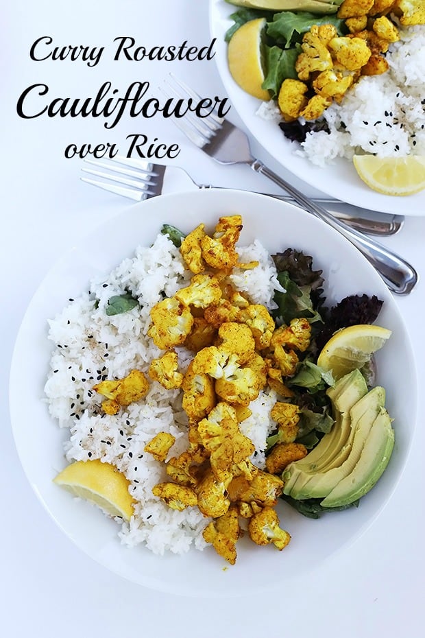  Curry Roasted Cauliflower over Rice is a warm and comforting meal. It is healthy and perfect for lunch or dinner. Vegan and Gluten Free. / TwoRaspberries.com