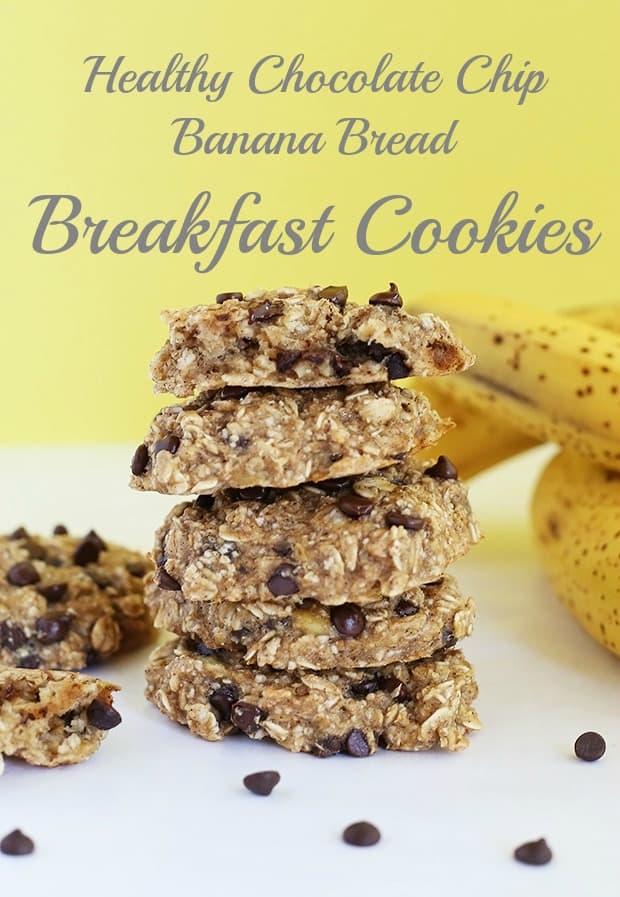  Healthy Chocolate Chip Banana Bread Breakfast Cookies are super filling, easy to make, tastes just like banana bread and only requires 7 ingredients. Vegan and Gluten Free. / TwoRaspberries.com