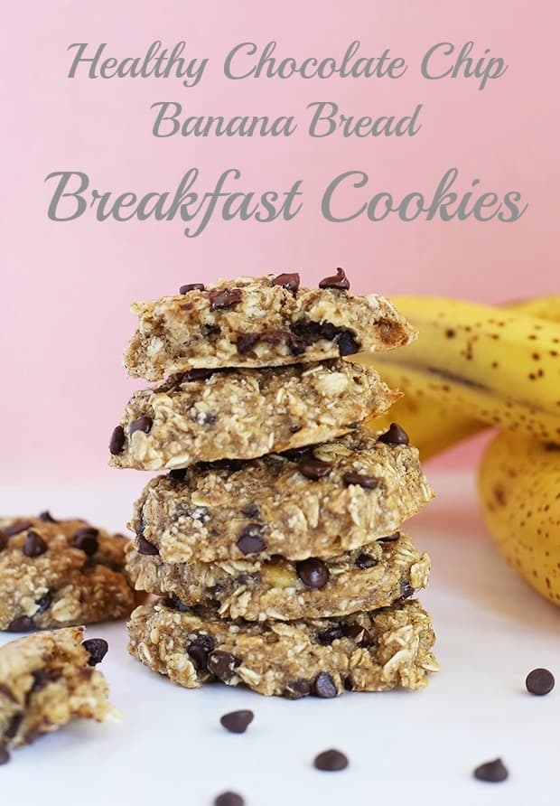  Healthy Chocolate Chip Banana Bread Breakfast Cookies are super filling, easy to make, tastes just like banana bread and only requires 7 ingredients. Vegan and Gluten Free. / TwoRaspberries.com