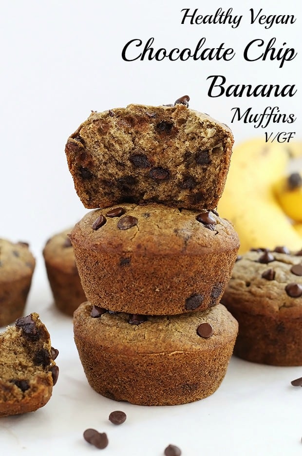  Healthy Vegan Chocolate Chip Banana Muffins are soft and moist, really easy to make, only require 10 ingredients, oil free, vegan and gluten free! / TwoRaspberries.com