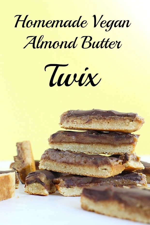 Homemade Vegan Almond Butter Twix with a twist on the bottom cookie layer! Super easy to make, only 6 ingredients, vegan, gluten free and refined sugar free picture / TwoRaspberries.com