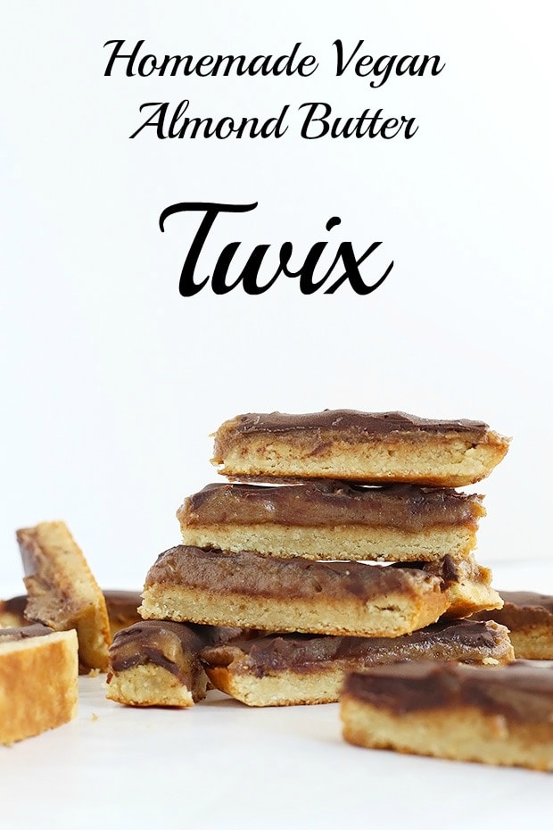 Homemade Vegan Almond Butter Twix with a twist on the bottom cookie layer! Super easy to make, only 6 ingredients, vegan, gluten free and refined sugar free / TwoRaspberries.com
