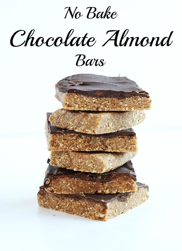 No Bake Chocolate Almond Bars are super healthy and very easy to make only requiring 4 ingredients, dates, almond, oats and vegan chocolate chips! Vegan and Gluten Free! / TwoRaspberries.com