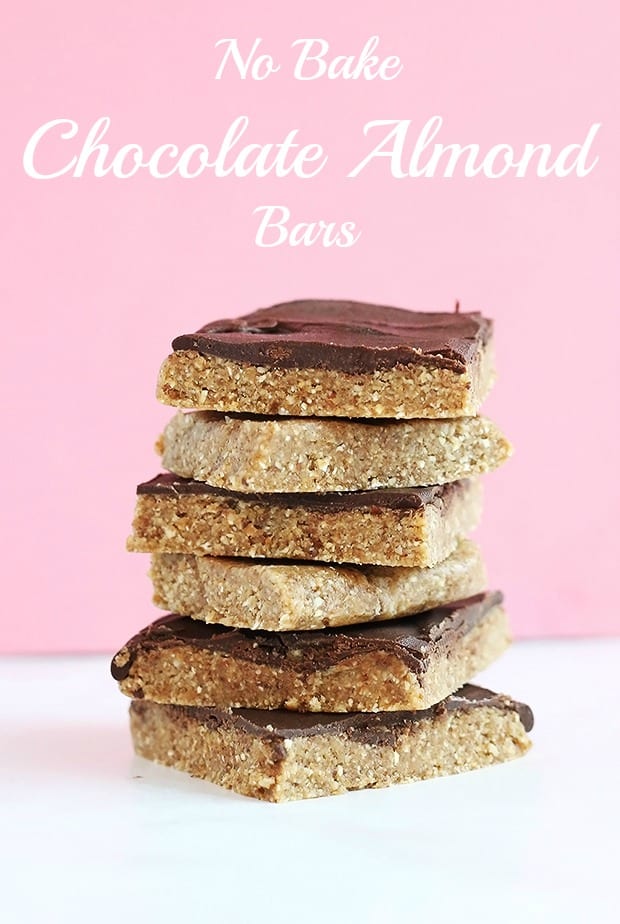 No Bake Chocolate Almond Bars are super healthy and very easy to make only requiring 4 ingredients, dates, almond, oats and vegan chocolate chips! Vegan and Gluten Free! / TwoRaspberries.com