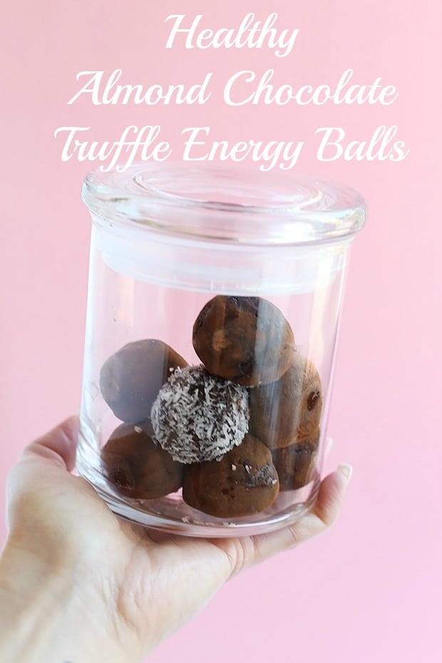Healthy Almond Chocolate Truffle Energy Balls are simple to make, and only require 3 simple ingredients! Vegan, GF and refined sugar free! / TwoRaspberries.com