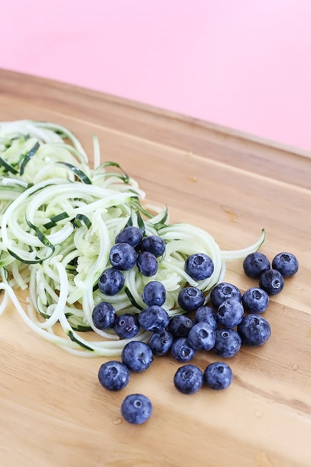  This Healthy Cucumber Noodle Blueberry Salad is fresh, light and has a sweet and savory maple and mustard dressing! Vegan and GF. / TwoRaspberries.com