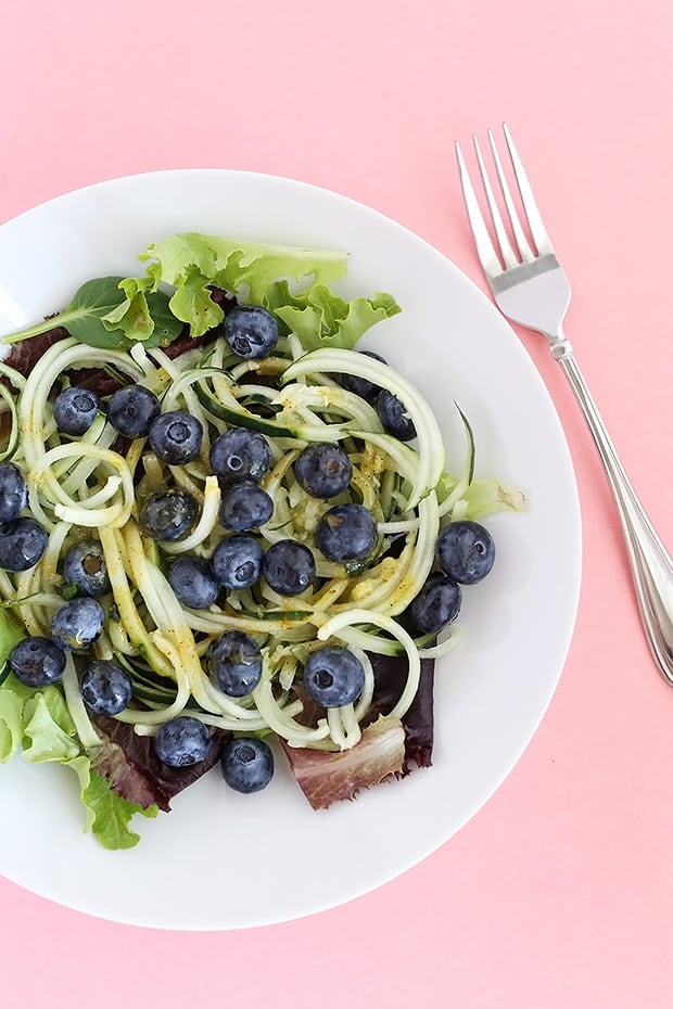  This Healthy Cucumber Noodle Blueberry Salad is fresh, light and has a sweet and savory maple and mustard dressing! Vegan and GF. / TwoRaspberries.com