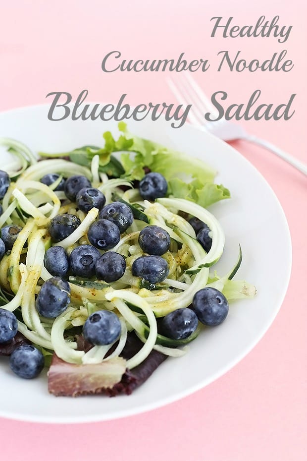  This Healthy Cucumber Noodle Blueberry Salad is fresh, light and has a sweet and savory maple and mustard dressing! Vegan and GF. / TwoRaspberries.com