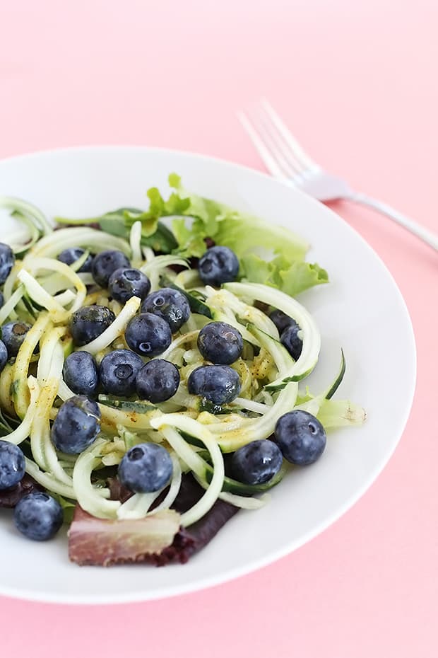  This Healthy Cucumber Noodle Blueberry Salad is fresh, light and has a sweet and savory maple and mustard dressing! Vegan and GF. / TwoRaspberries.com