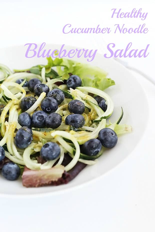  This Healthy Cucumber Noodle Blueberry Salad is fresh, light and has a sweet and savory maple and mustard dressing! Vegan and GF. / TwoRaspberries.com