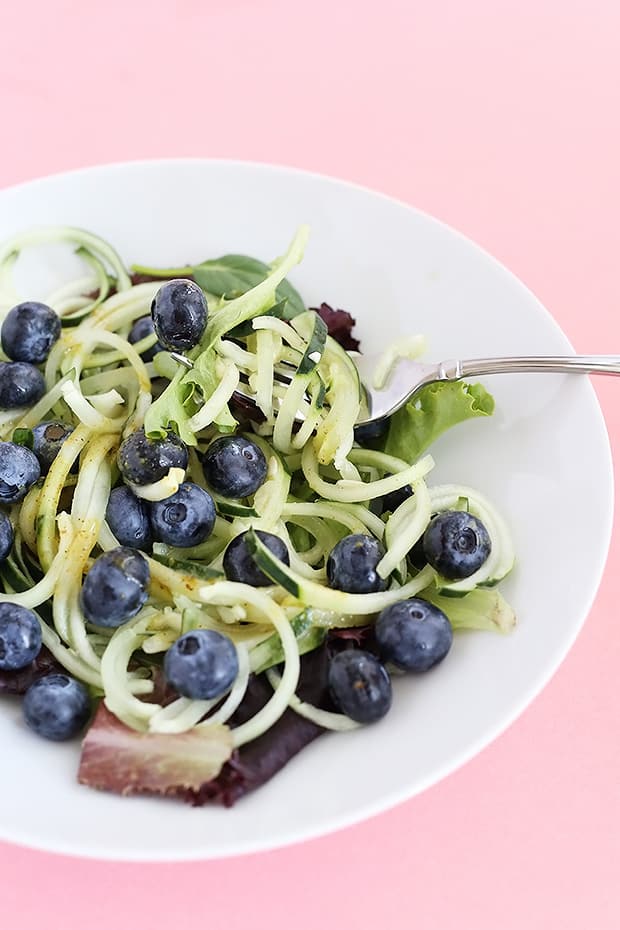  This Healthy Cucumber Noodle Blueberry Salad is fresh, light and has a sweet and savory maple and mustard dressing! Vegan and GF. / TwoRaspberries.com