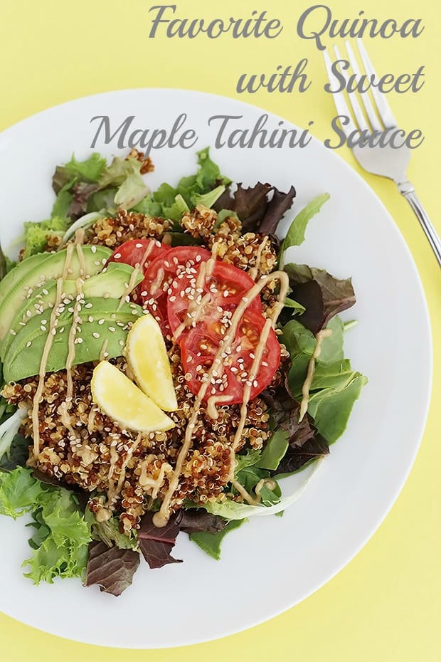  This is my Favorite Quinoa with Sweet Maple Tahini Sauce. It is simple and fast to make, perfect lunch or dinner. Vegan and gluten free. / TwoRaspberries.com