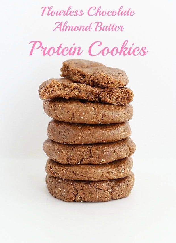 These Flourless Chocolate Almond Butter Protein Cookies are supple simple, only require 4 ingredients and no baking required! Vegan plus gluten free. / TwoRaspberries.com