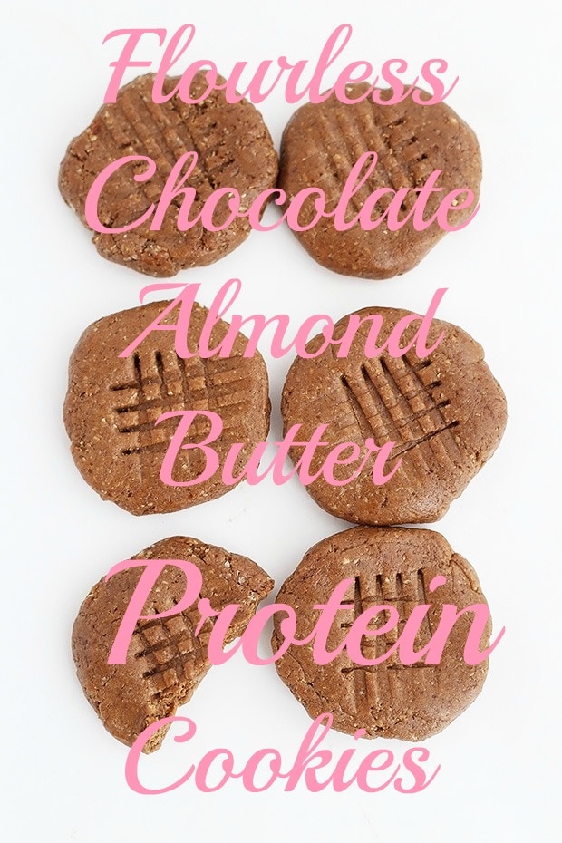  These Flourless Chocolate Almond Butter Protein Cookies are supple simple, only require 4 ingredients and no baking required! Vegan plus gluten free. / TwoRaspberries.com