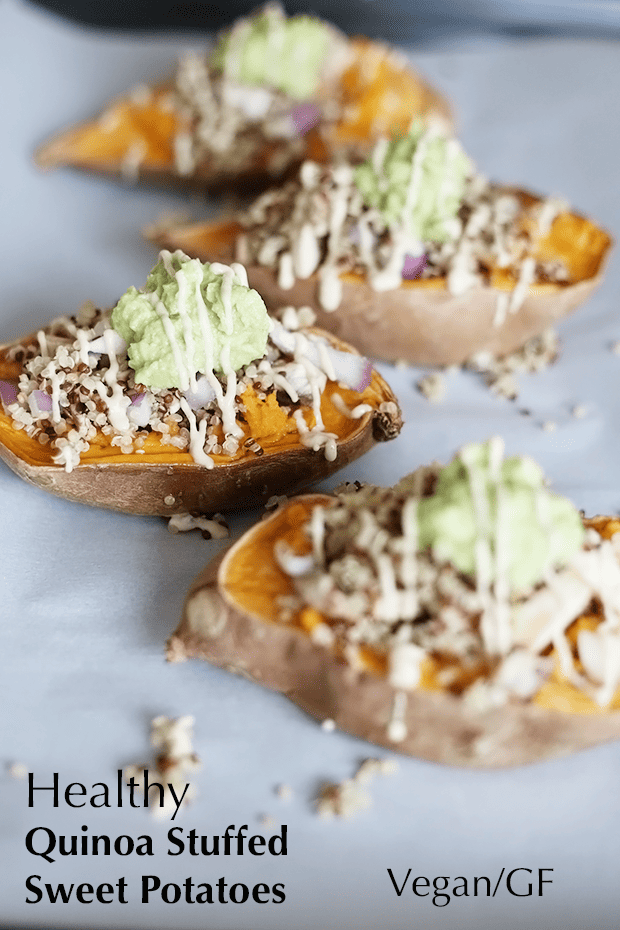 These Healthy Quinoa Stuffed Sweet Potatoes are oil free, vegan and gluten free topped with avocado and a sweet tahini sauce. | TwoRaspberries.com