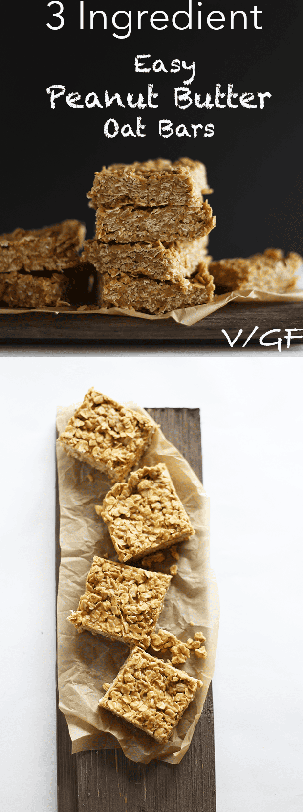 These 3 Ingredient Easy Peanut Butter Oat Bars are quick and easy to make, NO BAKING, healthy, naturally sweetened and vegan + GF! | TwoRaspberries.com