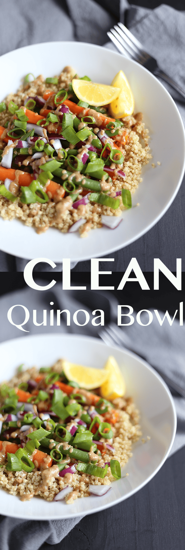 This Clean Protein Quinoa Bowl is packed with healthy protein and ingredients like carrots, green beans, onions and sweet almond maple dressing! Vegan - GF | TwoRaspberries.com