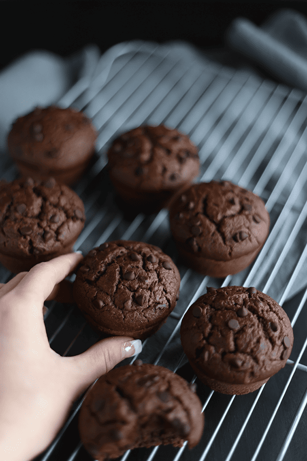 These Healthy Double Chocolate Chip Muffins are super quick and easy to make, soft and moist, Vegan and Gluten Free! perfect dessert or snack! | TwoRaspberries.com