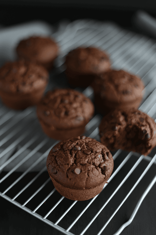 These Healthy Double Chocolate Chip Muffins are super quick and easy to make, soft and moist, Vegan and Gluten Free! perfect dessert or snack! | TwoRaspberries.com