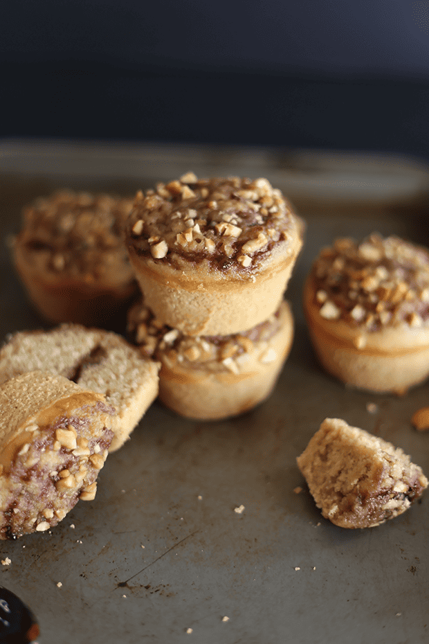 These Peanut Butter and Jelly Muffins are healthy, easy to make and will totally remind you of your favorite childhood snack, PB&J sandwich! Vegan + GF | TwoRaspberries.com