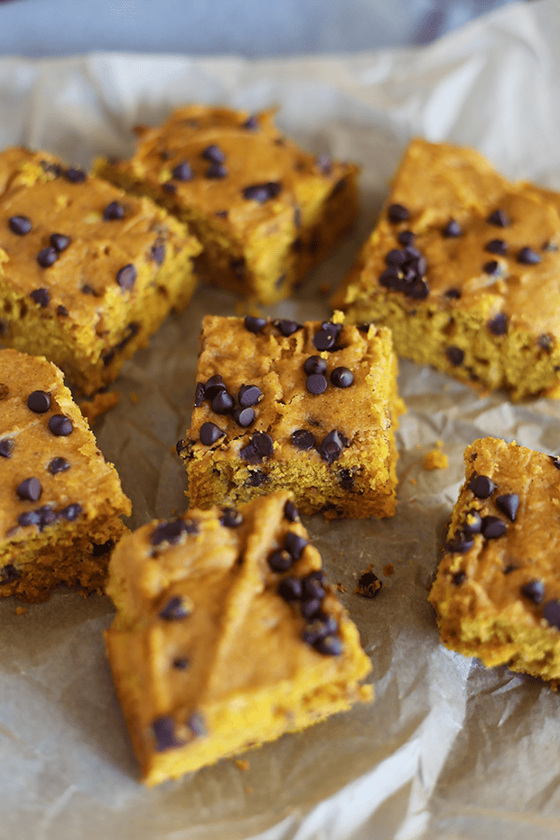These Pumpkin Chocolate Chip Bars are so easy to make, healthy, moist and cake-y! perfect healthy dessert. Vegan and gluten free. | TwoRaspberries.com