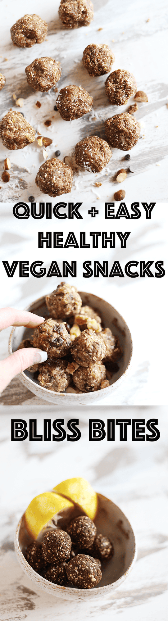 These Quick + Easy Healthy Vegan Snacks of Bliss Bites are super fast to make, healthy, tasty plus a video recipe, | TwoRaspberries.com