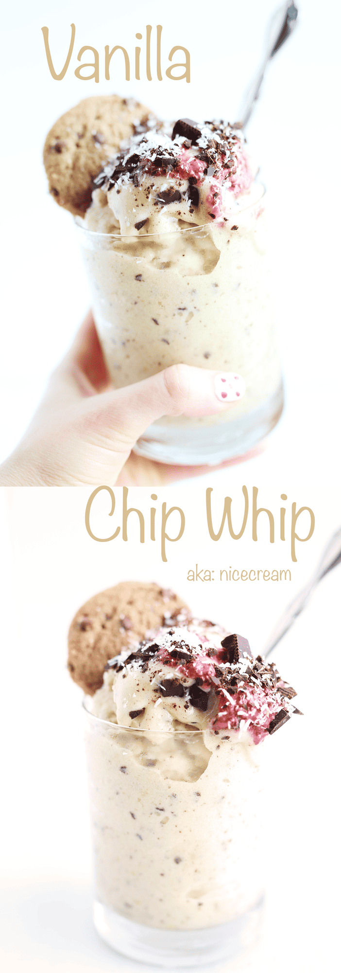 Vanilla Chip Whip also knows as “nice cream” is a healthy and easy ice cream alternative that I’m sure you are going to love! Super simple!